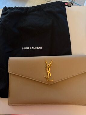 Saint Laurent Taupe Envelope Clutch with Gold YSL Logo